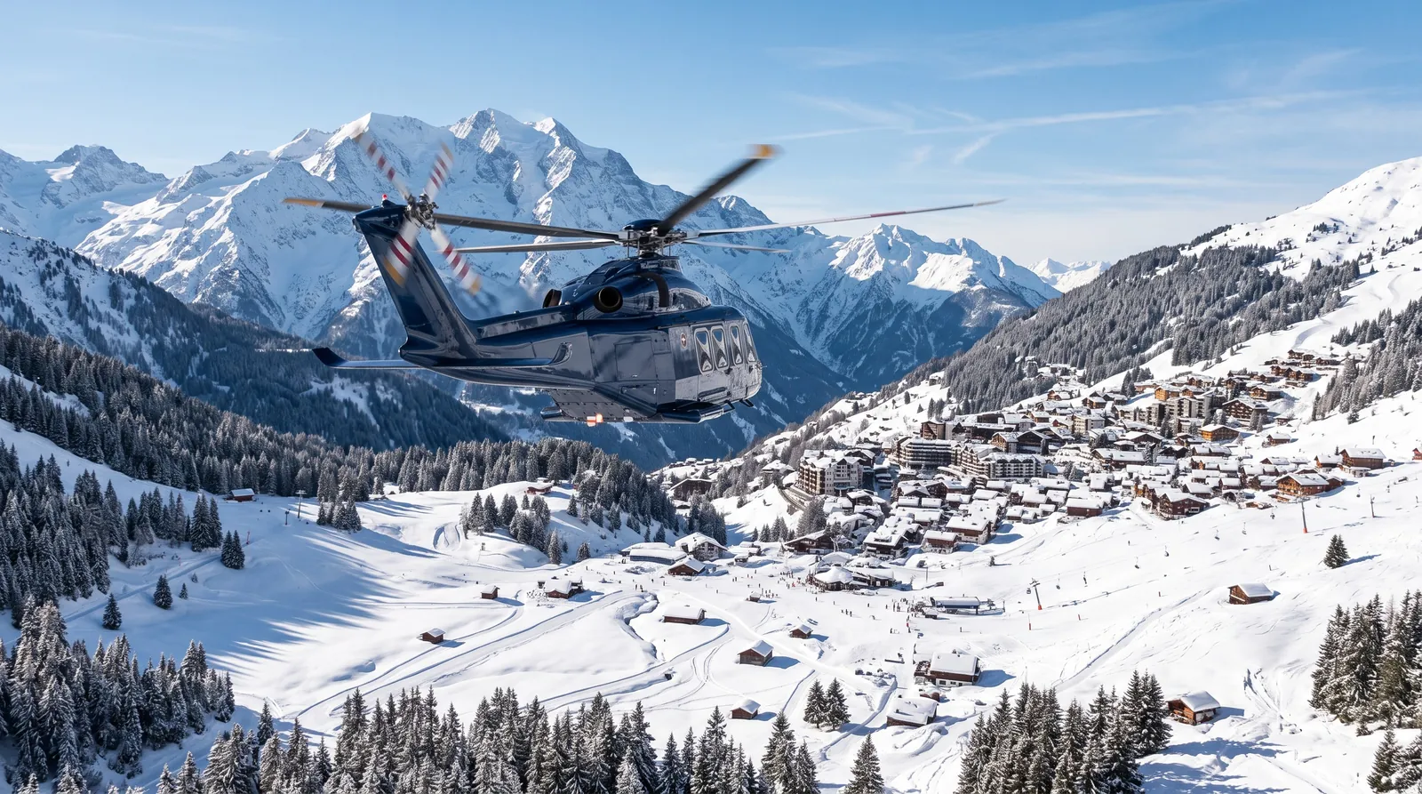 Hubschrauber über einem verschneiten Alpental auf dem Weg zu einem Skiort an einem sonnigen Tag