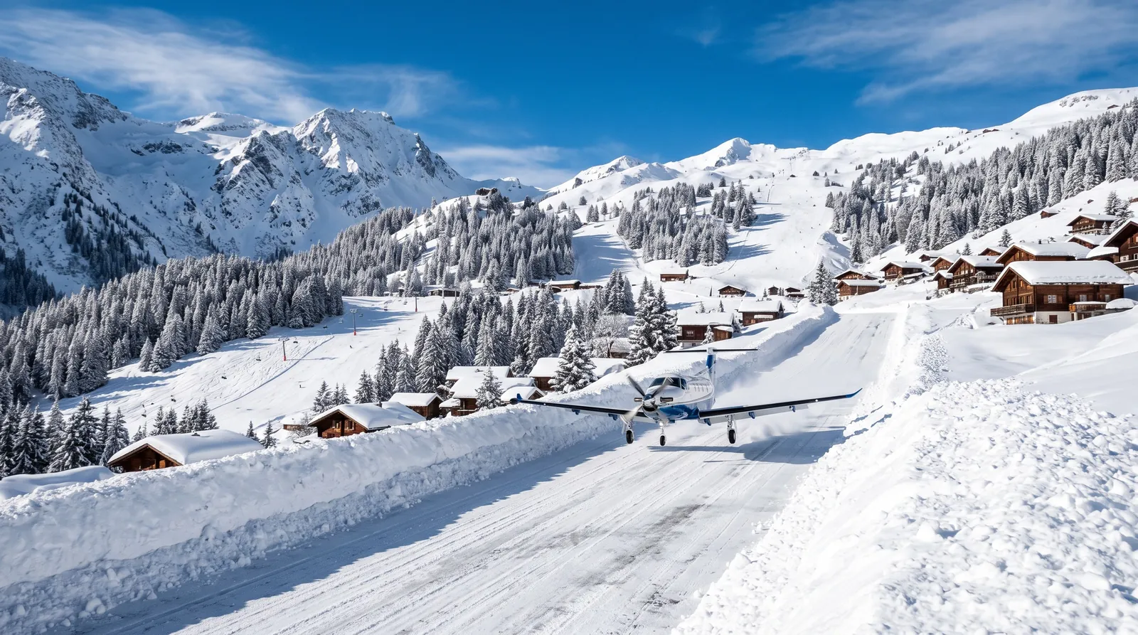 Turboprop landet bergauf auf der steilen, von Schneewällen gesäumten Piste des Altiports Courchevel