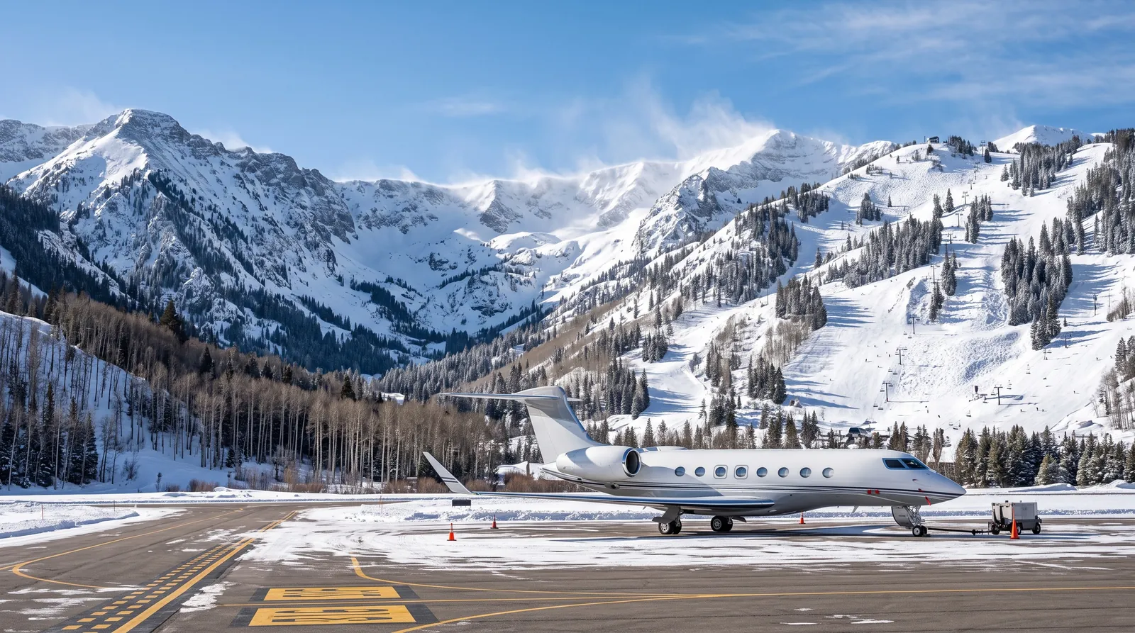 Business Jet auf einem verschneiten Vorfeld eines Bergflughafens, dahinter Skipisten und hohe Gipfel