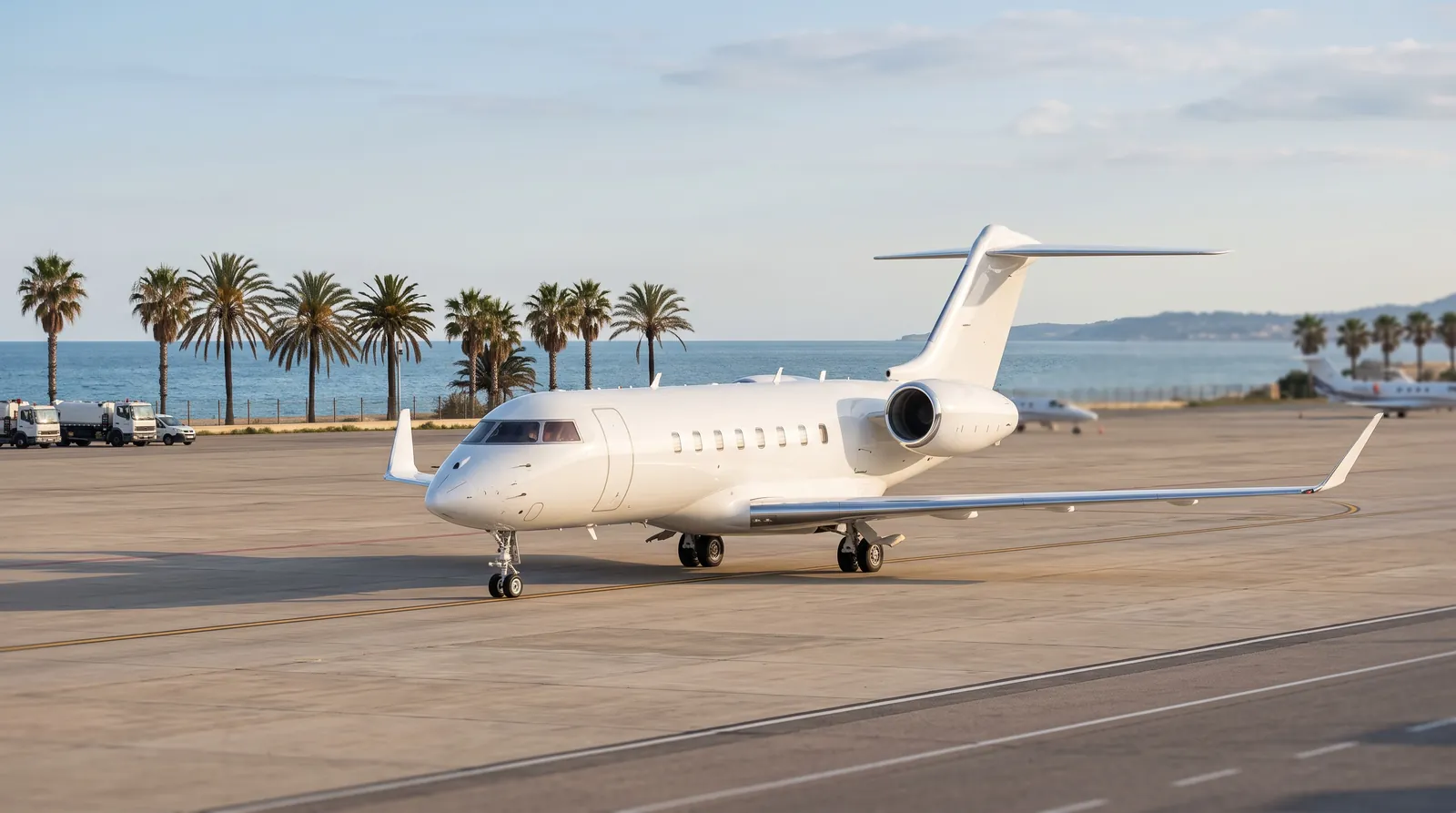 Super-Midsize-Business-Jet rollt über ein sonniges Vorfeld an der Küste, im Hintergrund stehen Palmen.