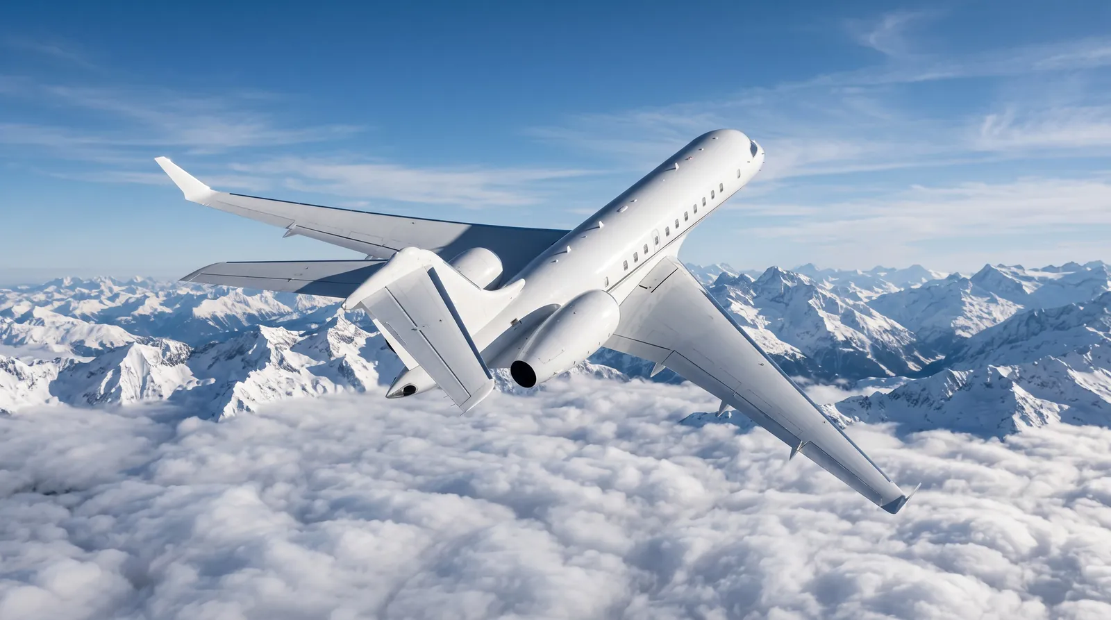 Langstrecken-Business-Jet im Steigflug über den Wolken und einer schneebedeckten Bergkette im Morgenlicht.