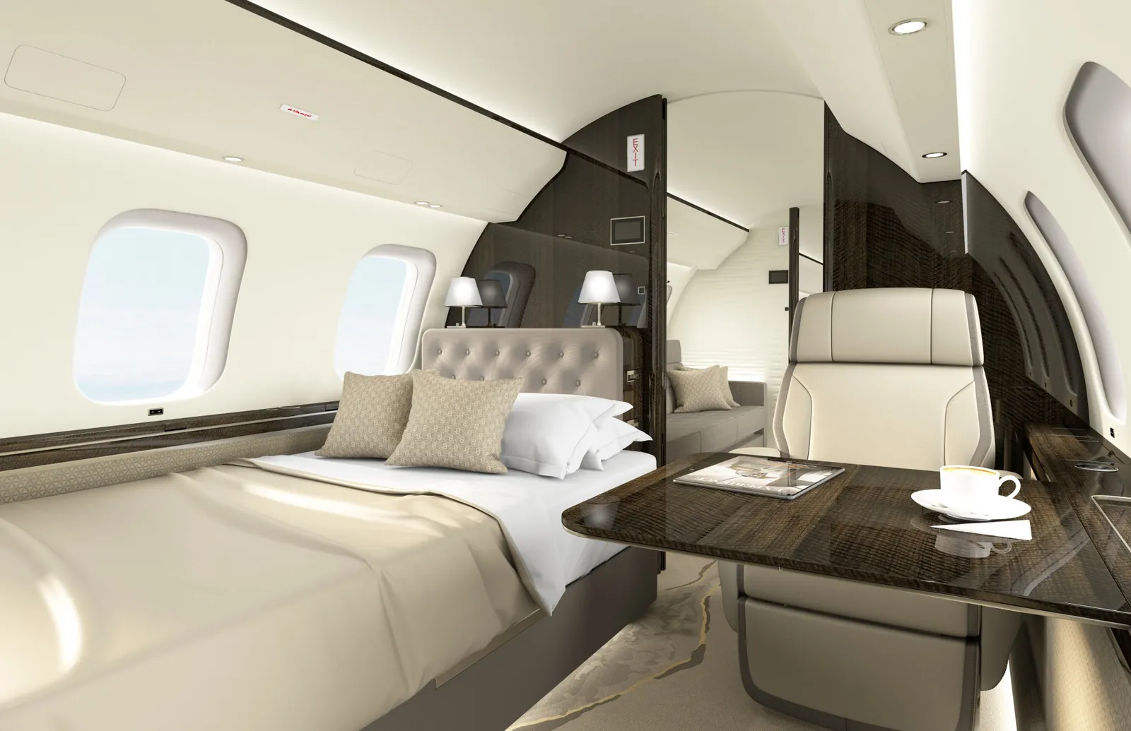 Schlafbereich mit Doppelbett in der Kabine der Bombardier Global 8000
