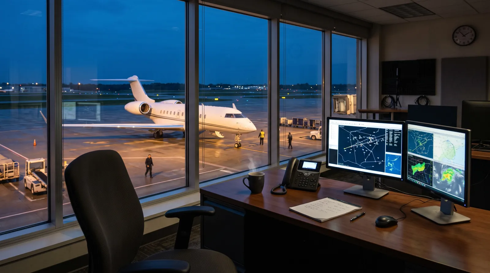 Ein leerer Arbeitsplatz mit Bildschirmen in einem Einsatzraum, draußen steht ein Business Jet zur blauen Stunde.