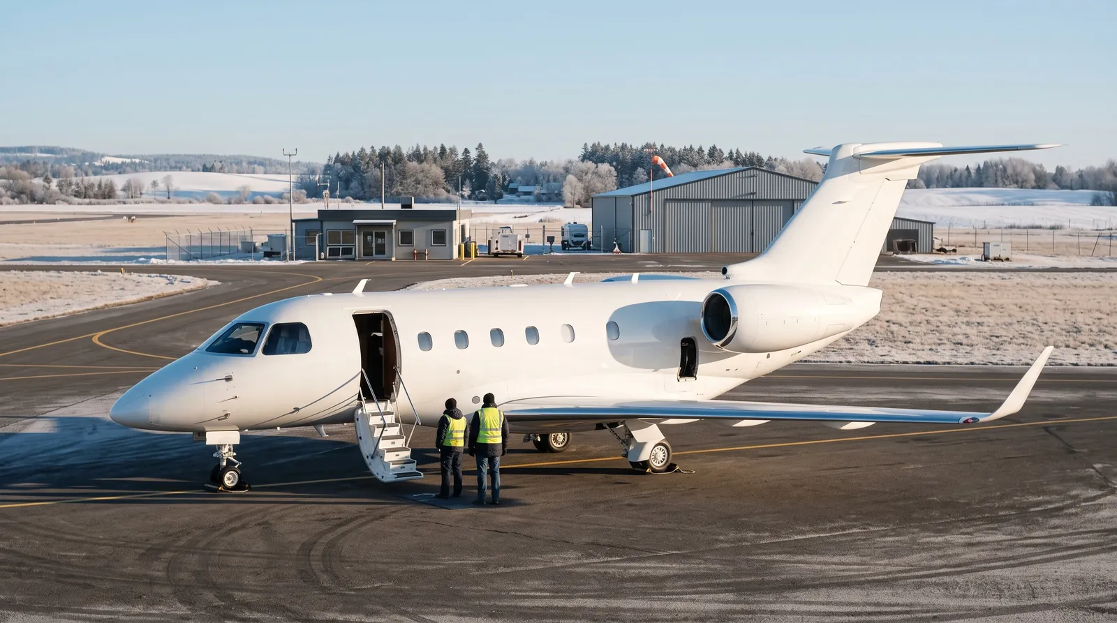 Midsize-Business-Jet mit T-Leitwerk und offener Tür auf dem frostigen Vorfeld eines Regionalflughafens.