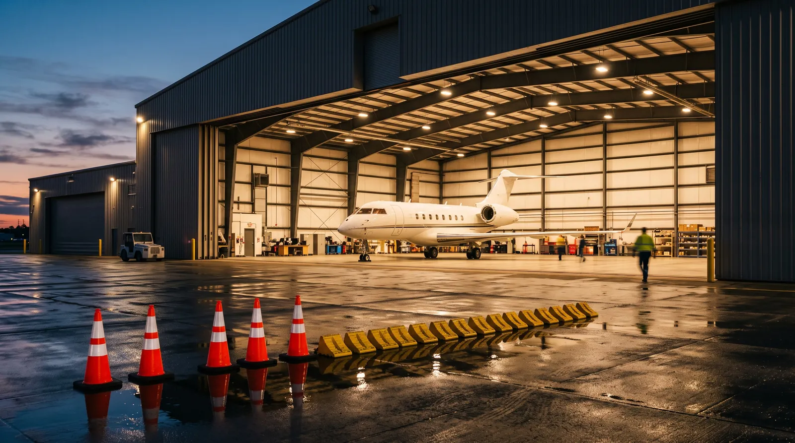 Ein Business Jet in einem hell erleuchteten Hangar in der Dämmerung, gesehen über ein nasses Vorfeld.