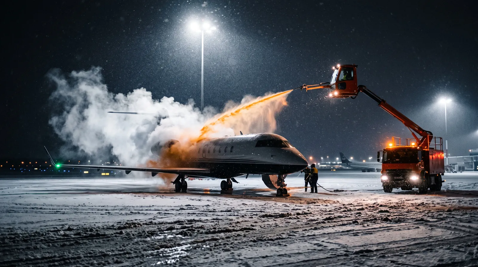 Ein Enteisungsfahrzeug sprüht nachts bei Schneefall Flüssigkeit über die Tragfläche eines Business Jets.