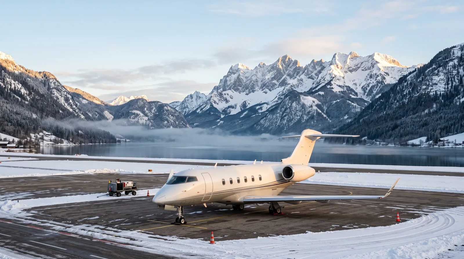 Business Jet auf einem verschneiten Vorfeld in den Alpen, dahinter ein See und Berge bei Sonnenaufgang
