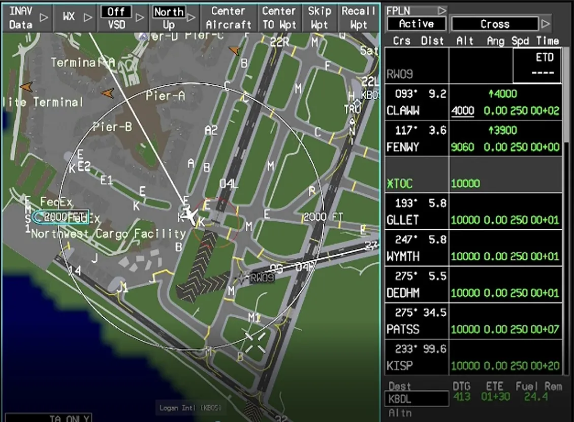 Bewegte Flughafenkarte von Dassault EASy IV in 2D neben der Seite mit dem Flugplan