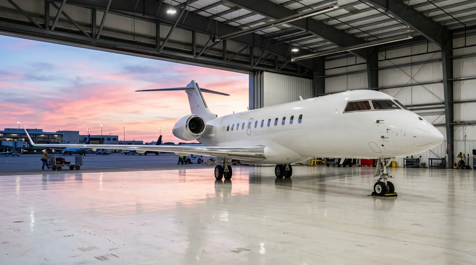 Großer zweistrahliger Business Jet in einem hellen Hangar, dessen Tor zum abendlichen Vorfeld offen steht.