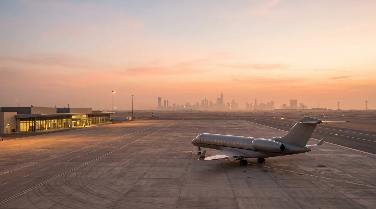 Großer Business Jet auf einem Wüstenflughafen in der Abenddämmerung, dahinter eine Skyline im Dunst