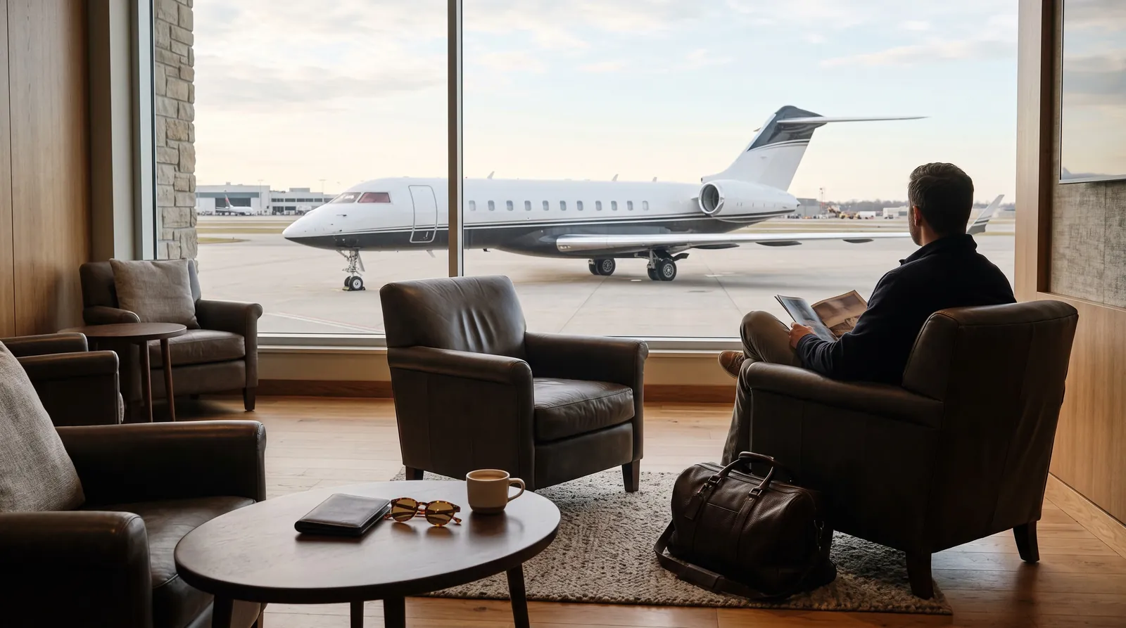 Lounge eines privaten Terminals mit einer Passhülle auf dem Tisch und einem Jet vor dem Fenster