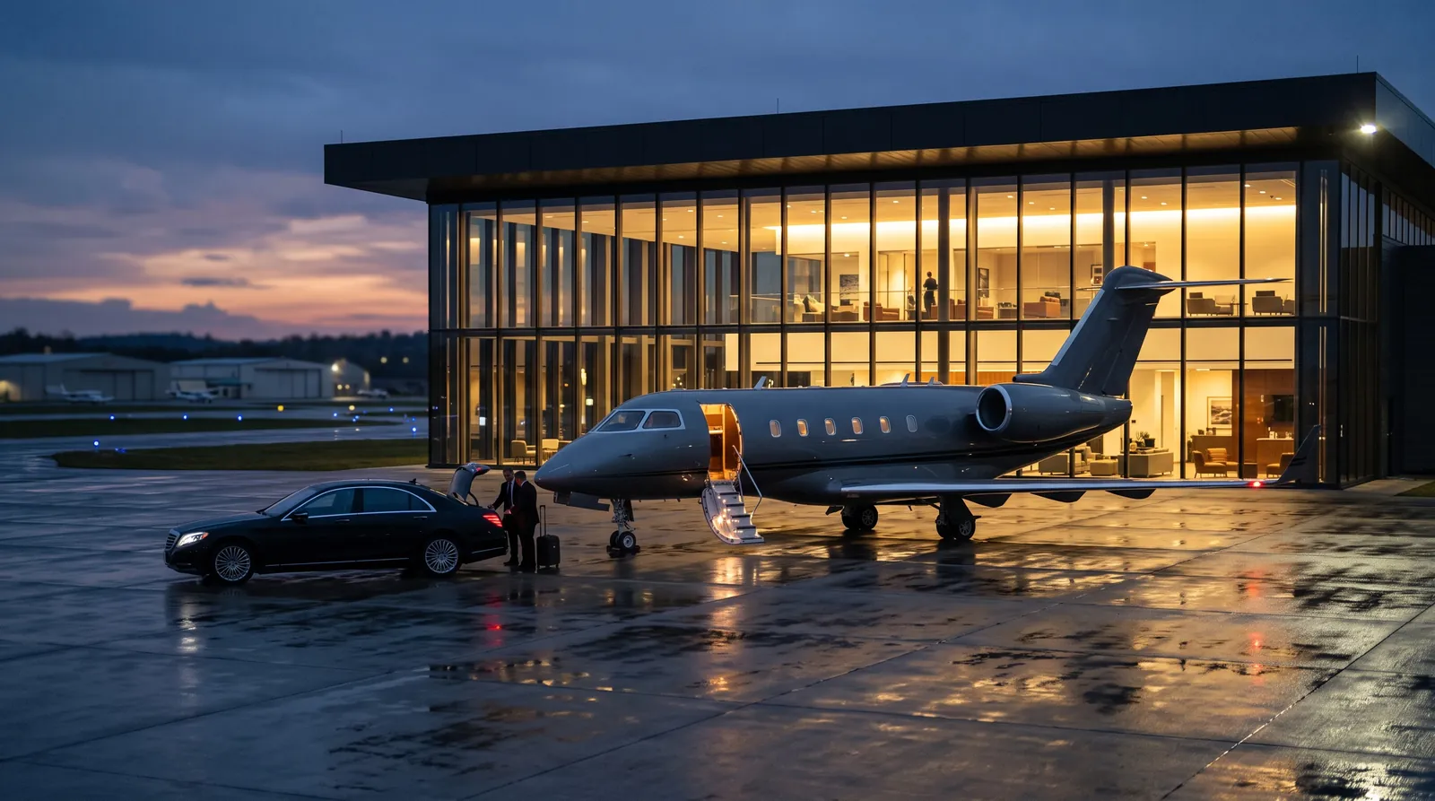 Privates Terminal in der Abenddämmerung mit einem Business Jet und einem wartenden Wagen auf dem Vorfeld