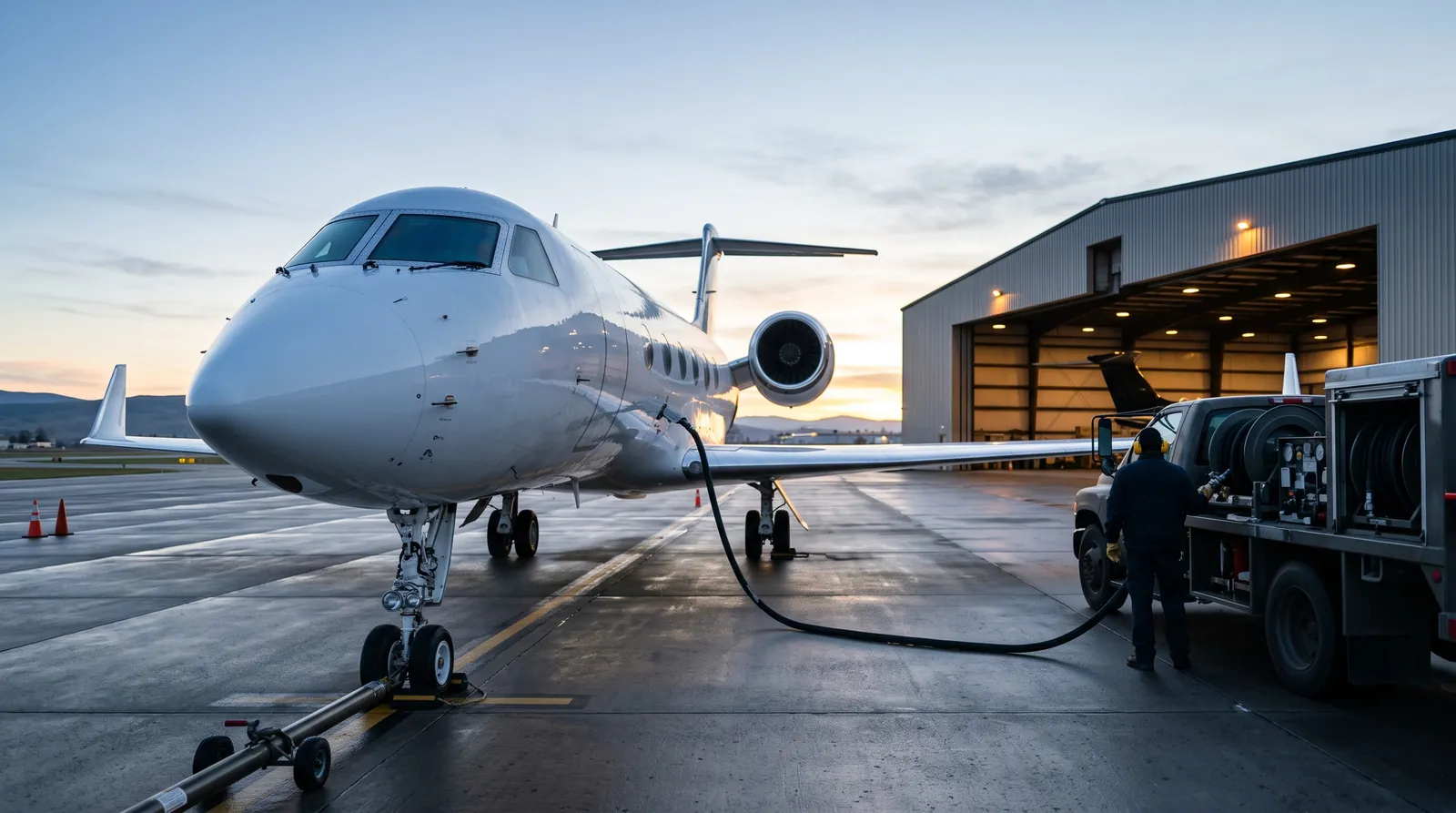 Tankwagen betankt einen großen Business Jet auf dem Vorfeld im frühen Morgenlicht