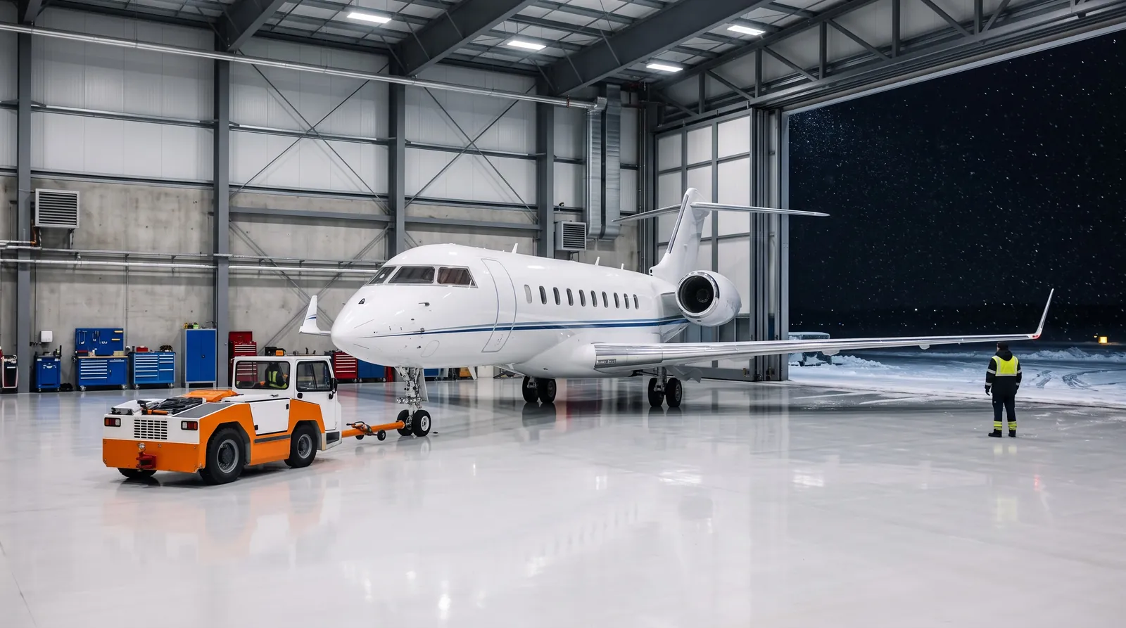 Business Jet in einem sauberen, hell beleuchteten Hangar mit Schnee auf dem Vorfeld davor
