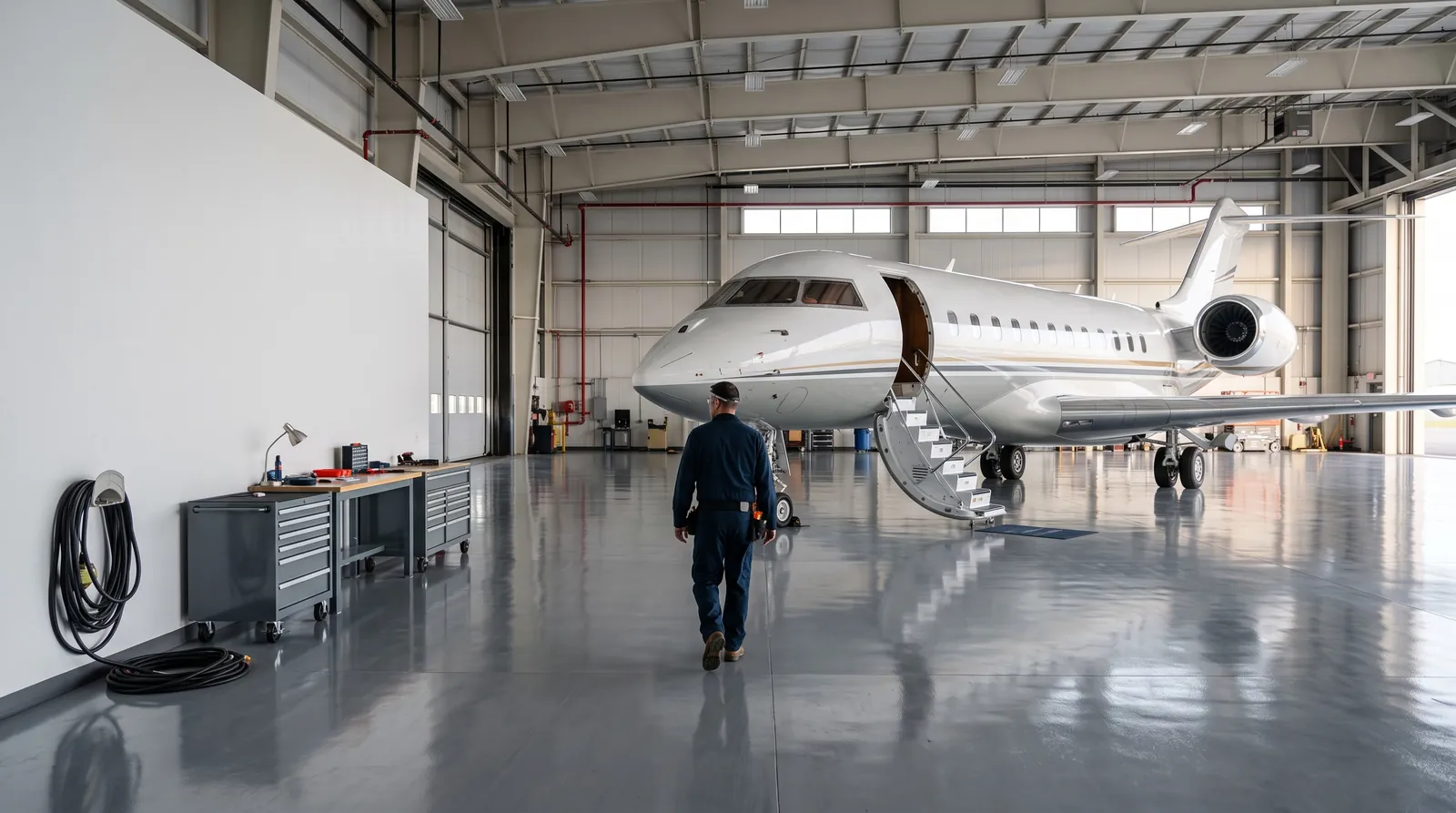 Business Jet in einem hellen Firmenhangar, ein Techniker geht auf das Flugzeug zu
