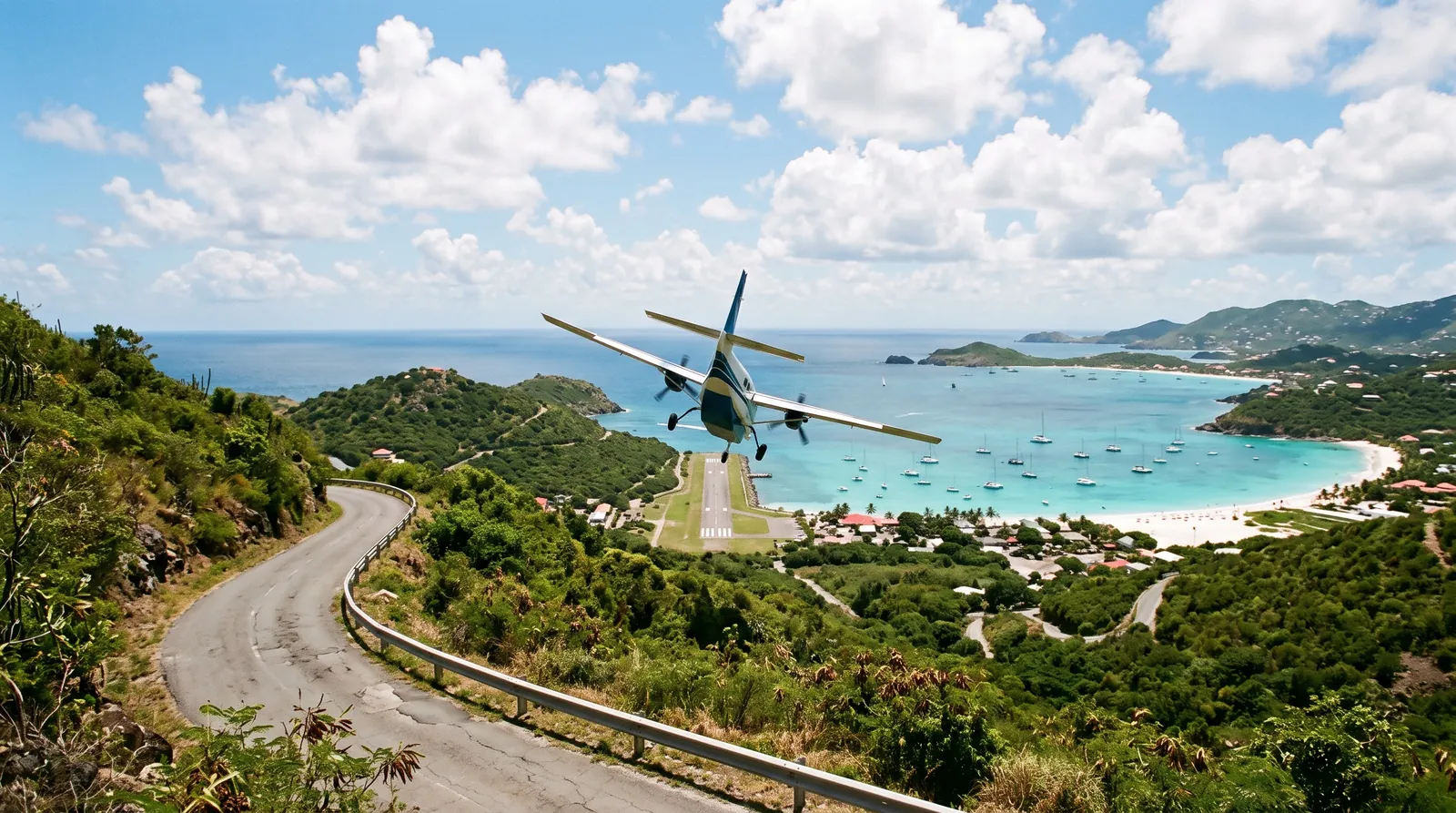 Kleines Turbopropflugzeug im steilen Sinkflug über einen Hügel auf eine kurze Piste, die am Strand endet