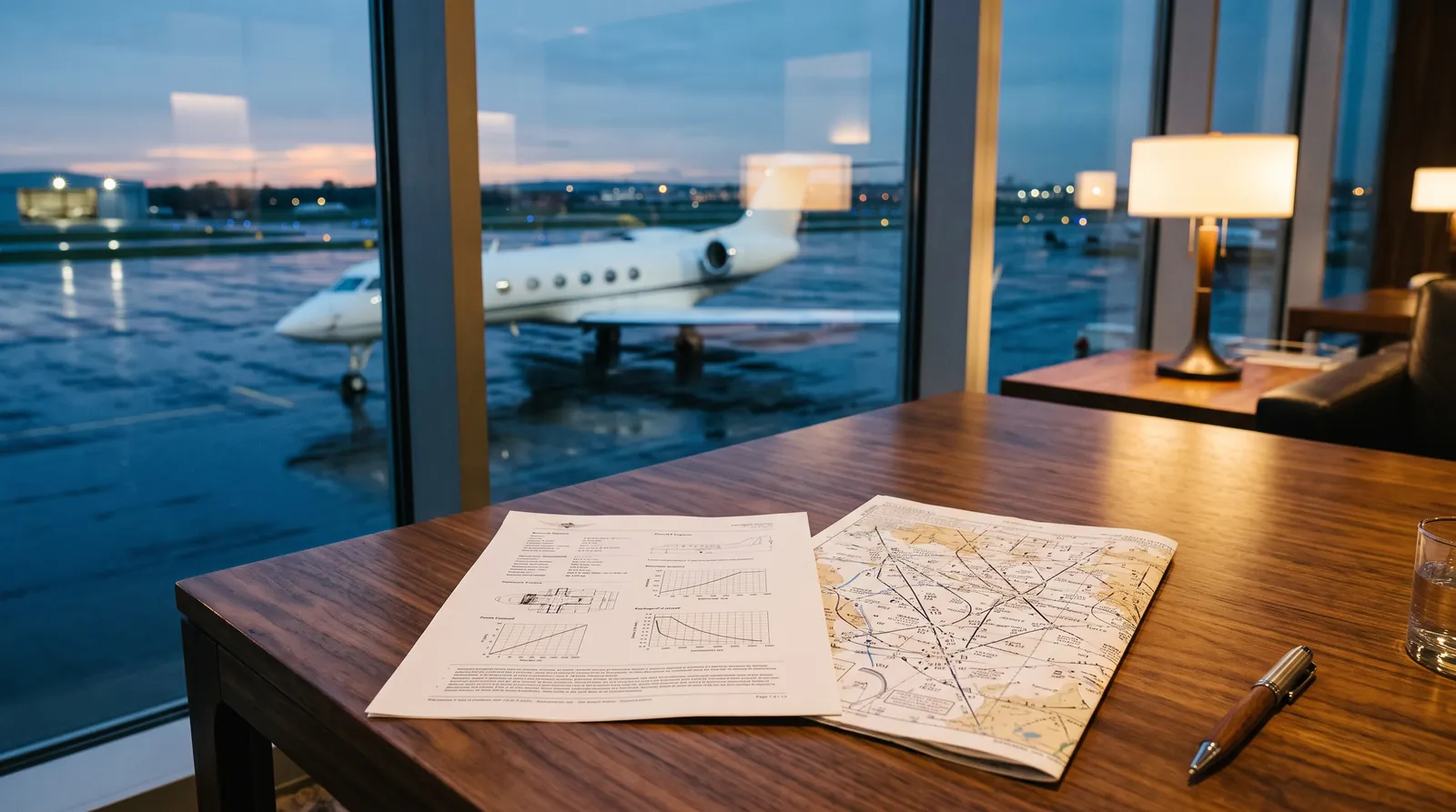 Datenblatt und Luftfahrtkarte auf einem Loungetisch, draußen steht ein Business Jet in der Abenddämmerung.