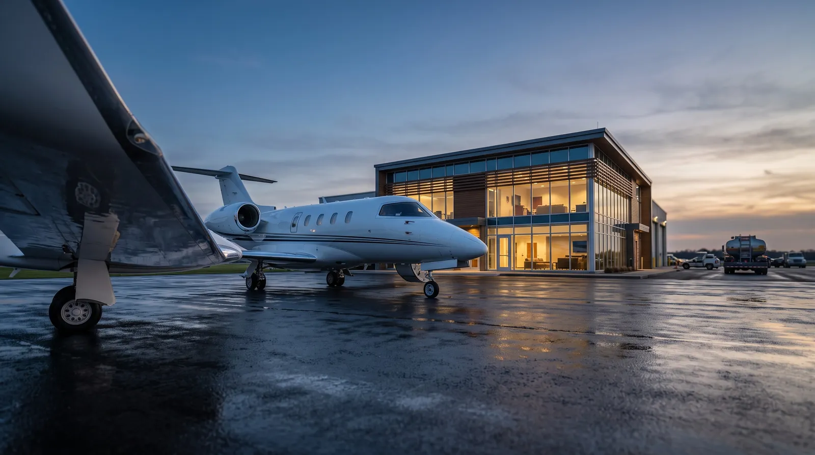 Business Jet auf nassem Vorfeld in der Abenddämmerung vor einem beleuchteten privaten Terminal