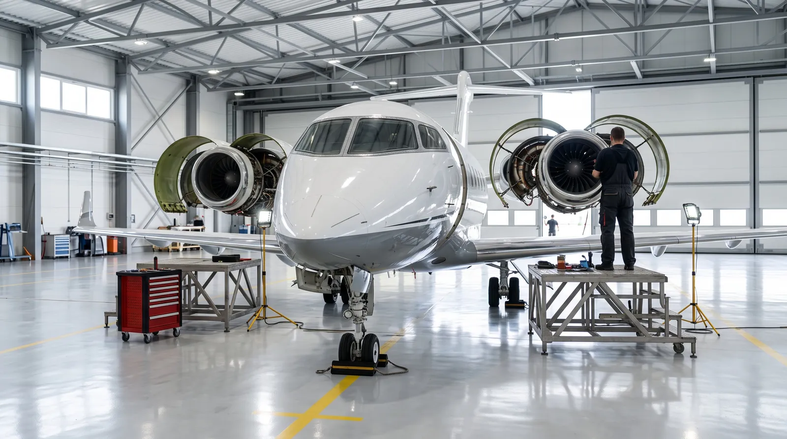 Ein Business Jet mit geöffneten Triebwerksverkleidungen wird in einem hellen Wartungshangar inspiziert.