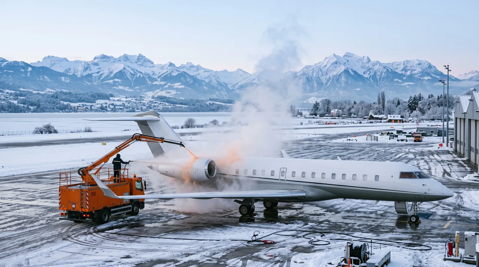 Business Jet wird auf einem verschneiten Vorfeld enteist, am Horizont Gipfel der Alpen