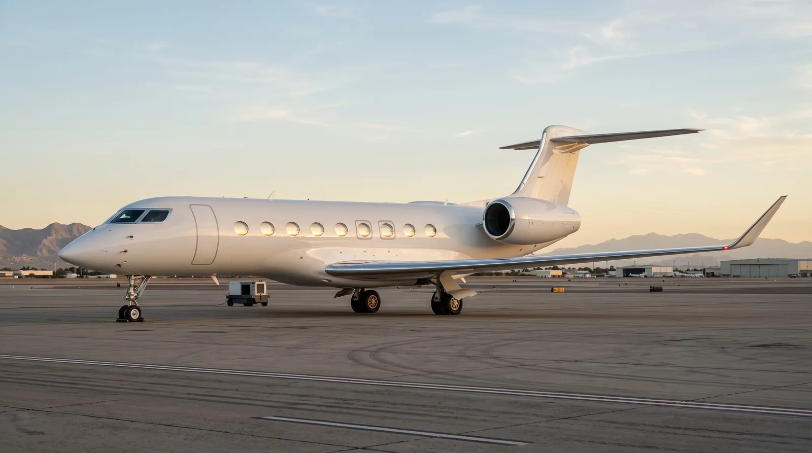 Großer Langstrecken-Business-Jet mit ovalen Kabinenfenstern auf einem Vorfeld im goldenen Abendlicht.