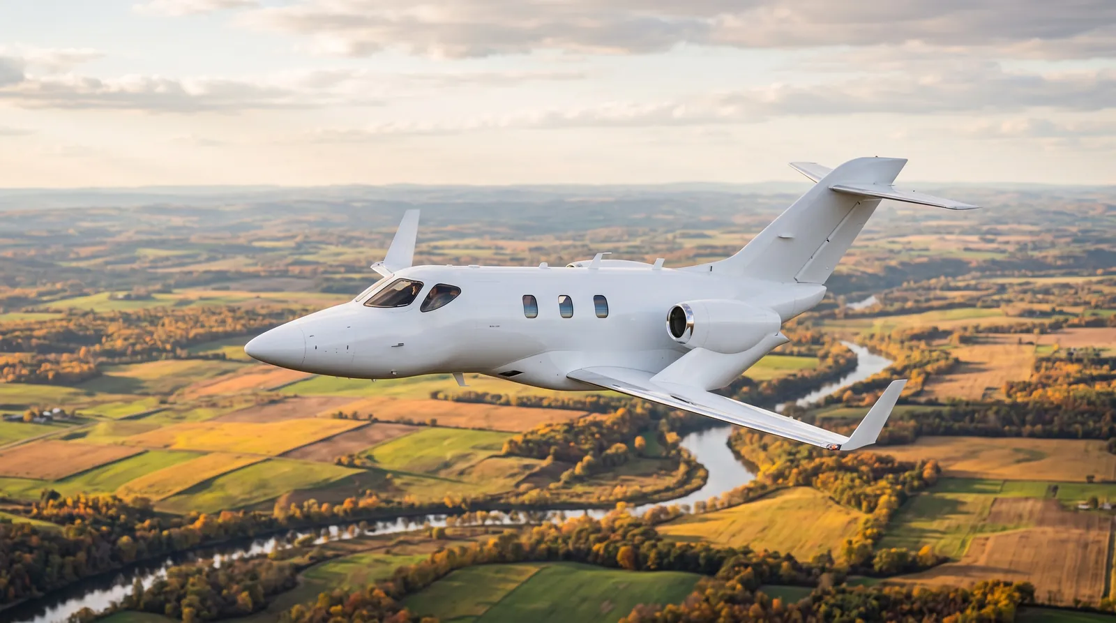 Very Light Jet mit Triebwerken über den Tragflächen im Flug über herbstliche Felder und einen Fluss.