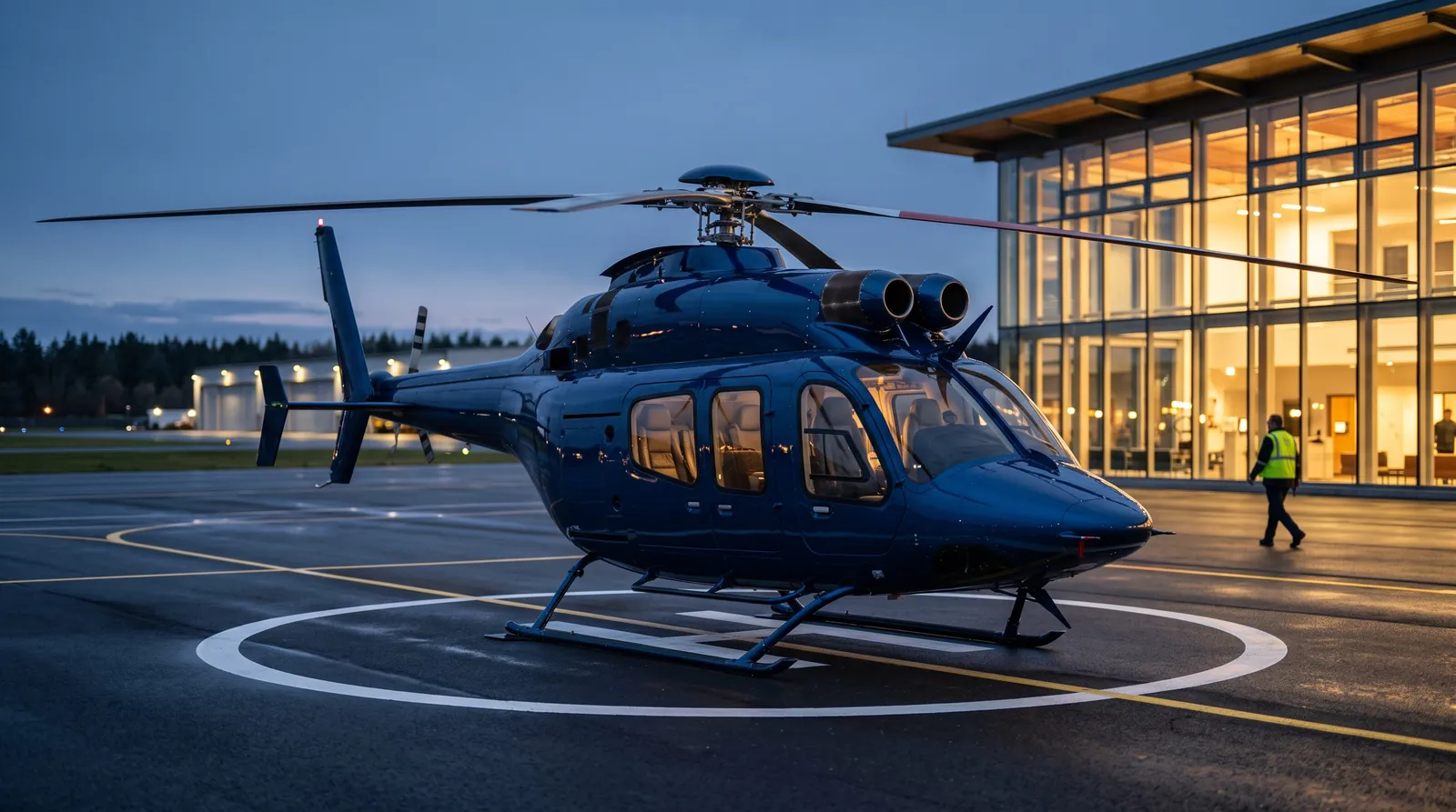 Triebwerksverkleidungen und zwei Abgasöffnungen oben auf einem Hubschrauber in der Dämmerung auf dem Vorfeld