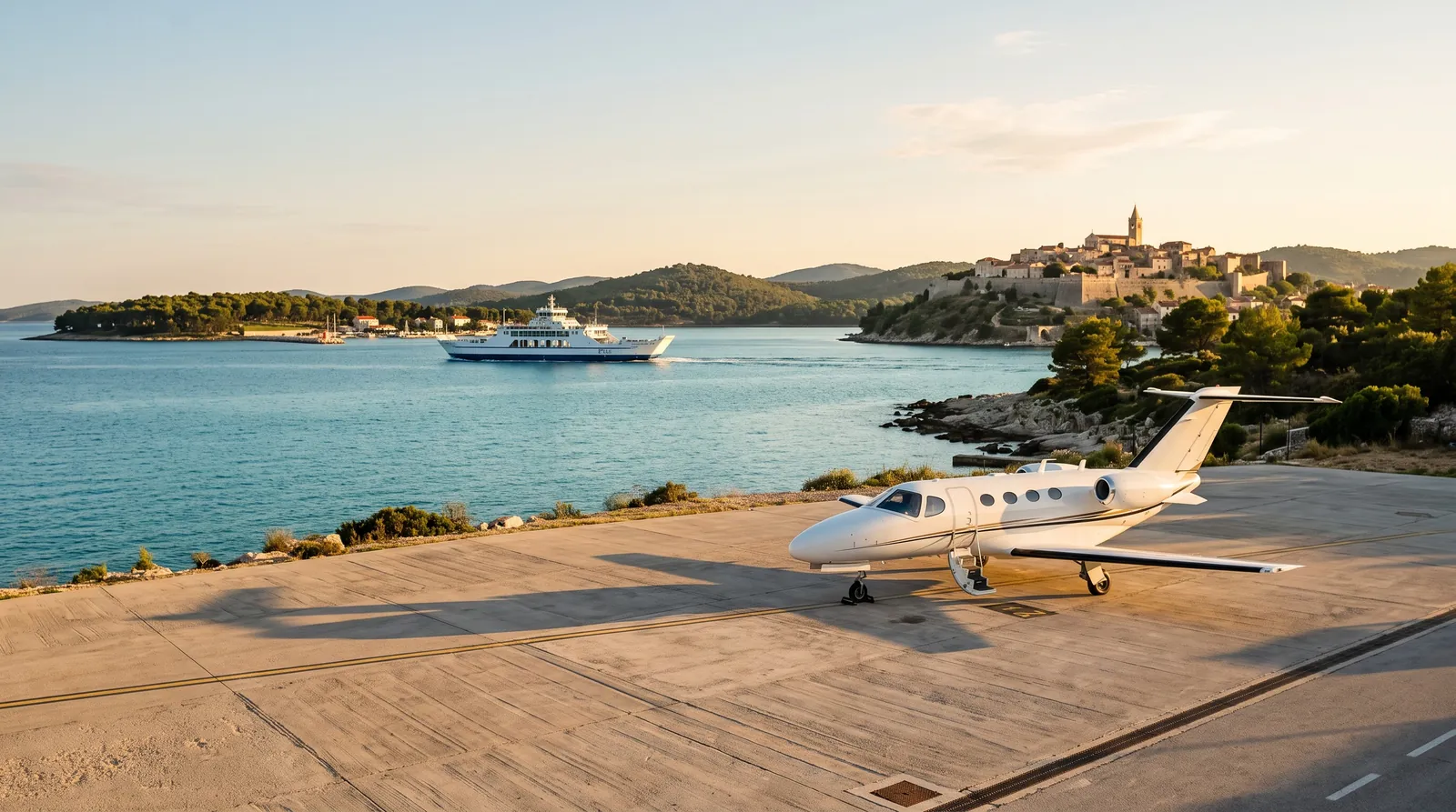 Light Jet auf einem Inselvorfeld am Mittelmeer in der goldenen Stunde, mit einer Altstadt auf dem Hügel und Meer