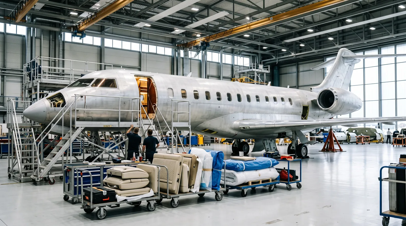 Unlackiertes Verkehrsflugzeug in Business-Ausführung in einer Ausbauhalle, daneben Gerüste und verpackte Kabinenpaneele