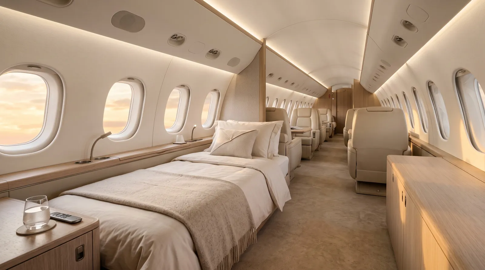 Langstreckenkabine eines Business Jets mit bezogenem Divan, Eichenfurnier und warmem Licht durch die Fenster