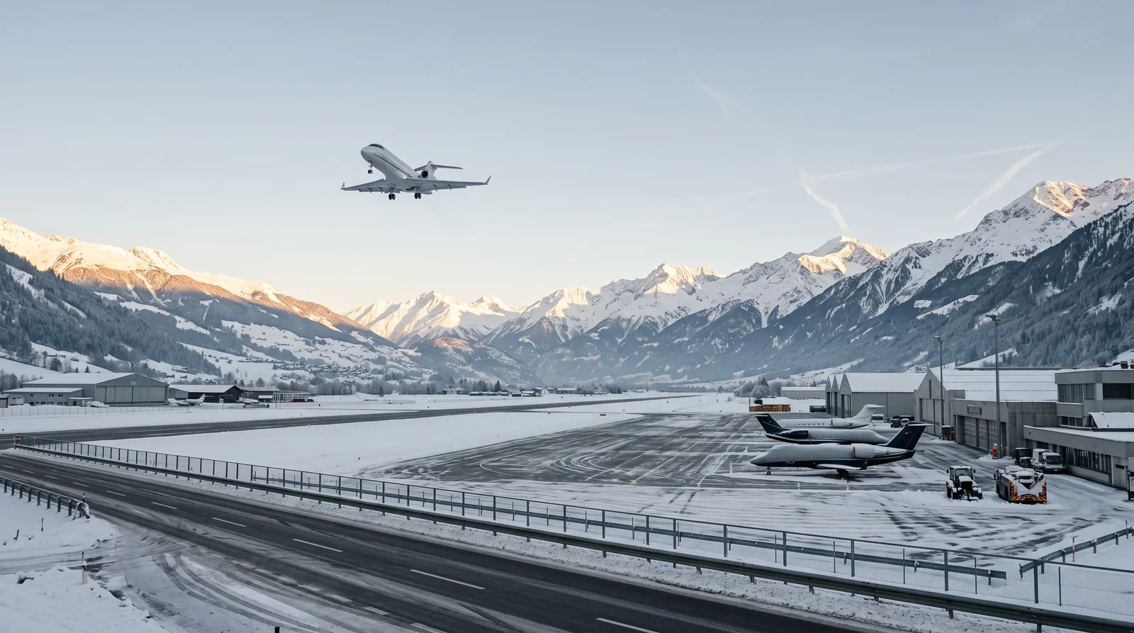 Ein Business Jet steigt von einem Alpenflughafen auf, dahinter verschneite Gipfel in tief stehender Sonne.
