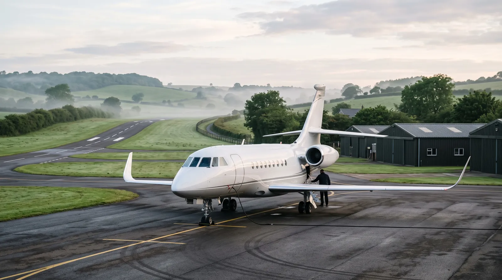 Midsize-Business-Jet auf dem ruhigen Vorfeld eines ländlichen Flughafens im Morgennebel