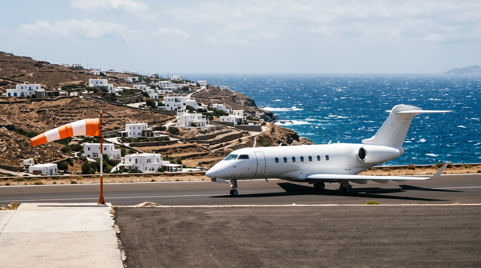 Business Jet rollt auf einem griechischen Inselflughafen, dahinter weiße Häuser, windgepeitschtes Meer und ein Windsack