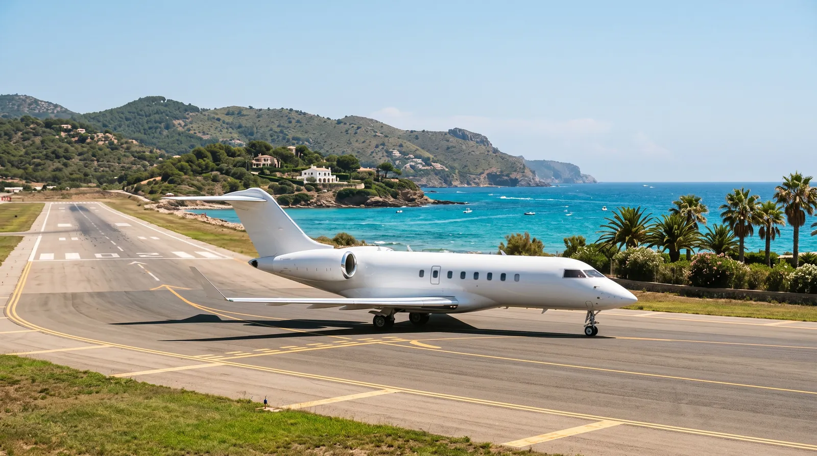 Business Jet rollt im Sommer auf einem Flughafen an der Riviera direkt am Mittelmeer