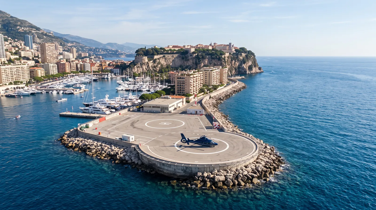 Heliport auf aufgeschüttetem Land am Meer in Monaco mit einem Hubschrauber auf dem Landeplatz