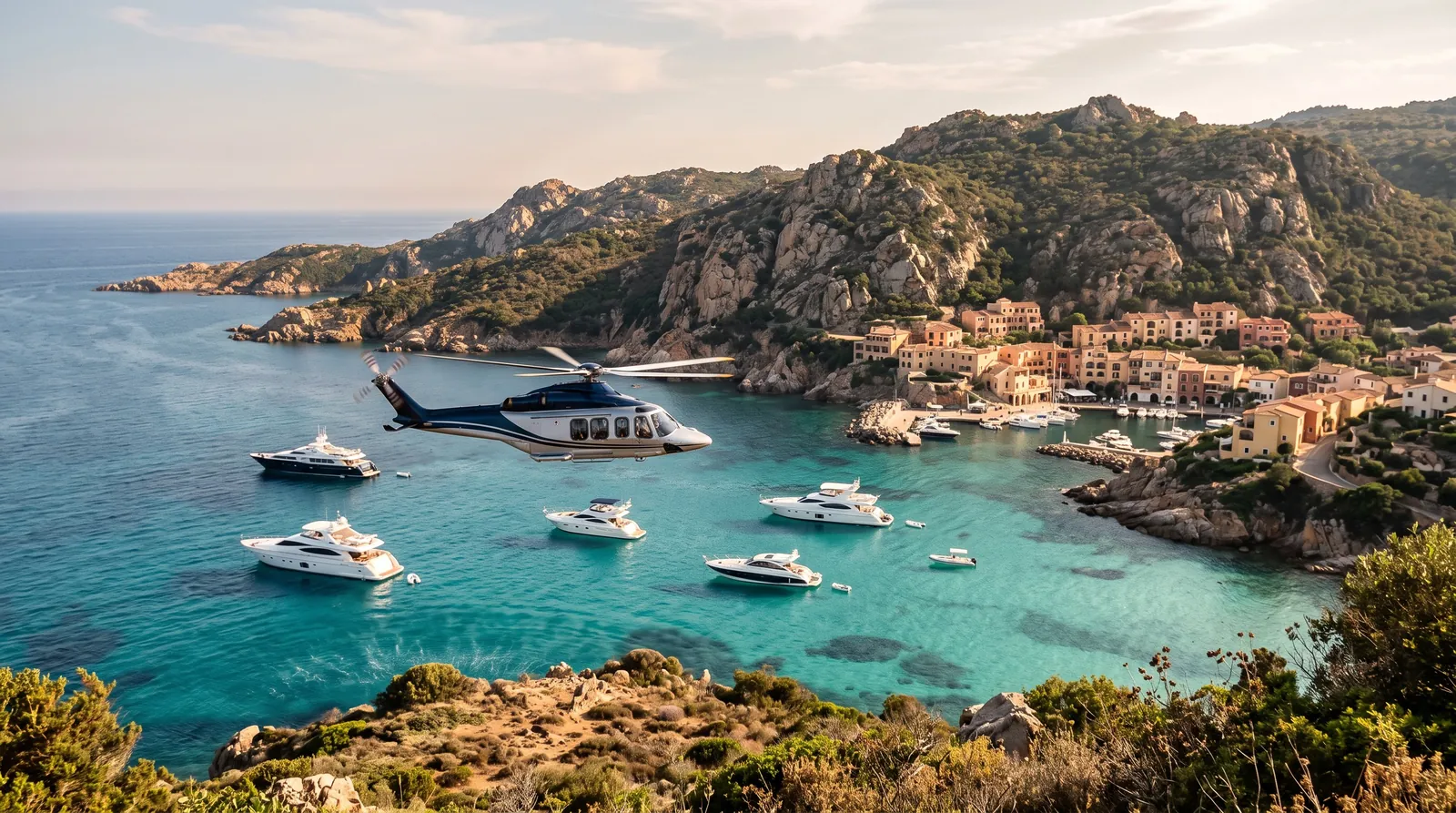 Hubschrauber über einer türkisfarbenen Bucht mit ankernden Yachten und einer Granitküste im Sommer