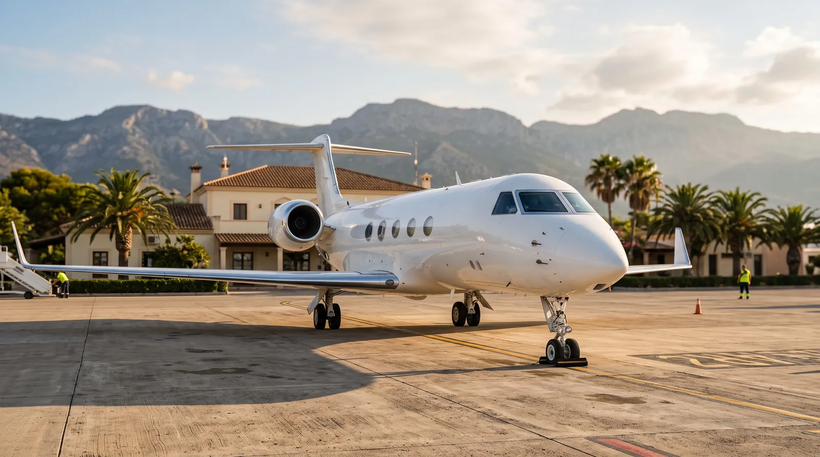 Business Jet mit großer Kabine auf einem sonnigen Vorfeld eines Inselflughafens, im Hintergrund Berge