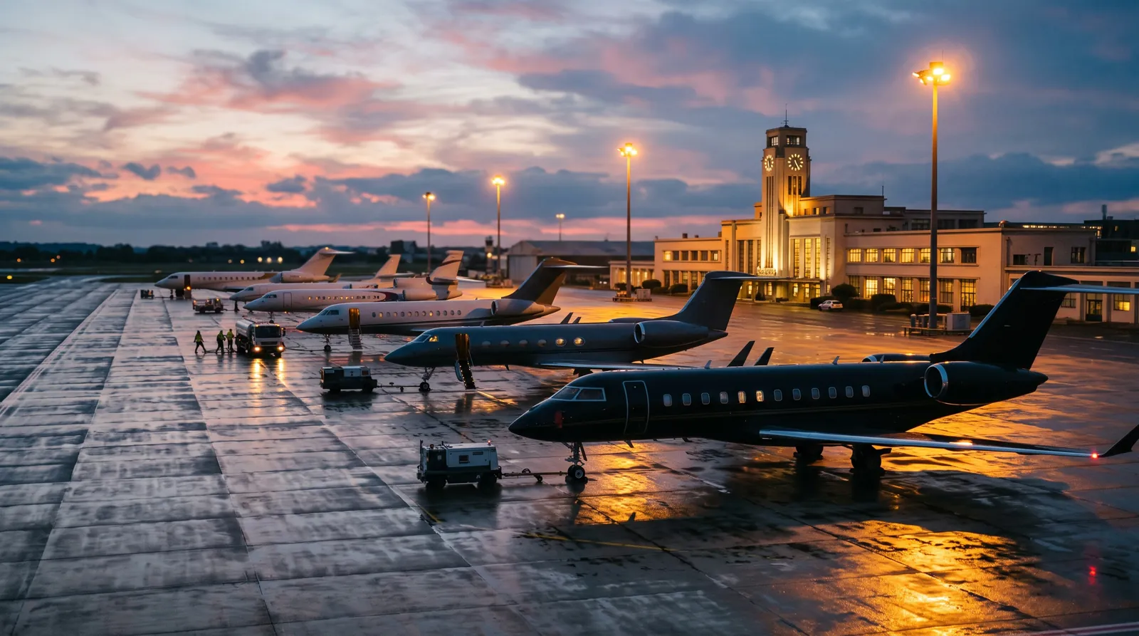 Reihe von Business Jets auf einem Pariser Vorfeld in der Abenddämmerung vor einem historischen Terminal