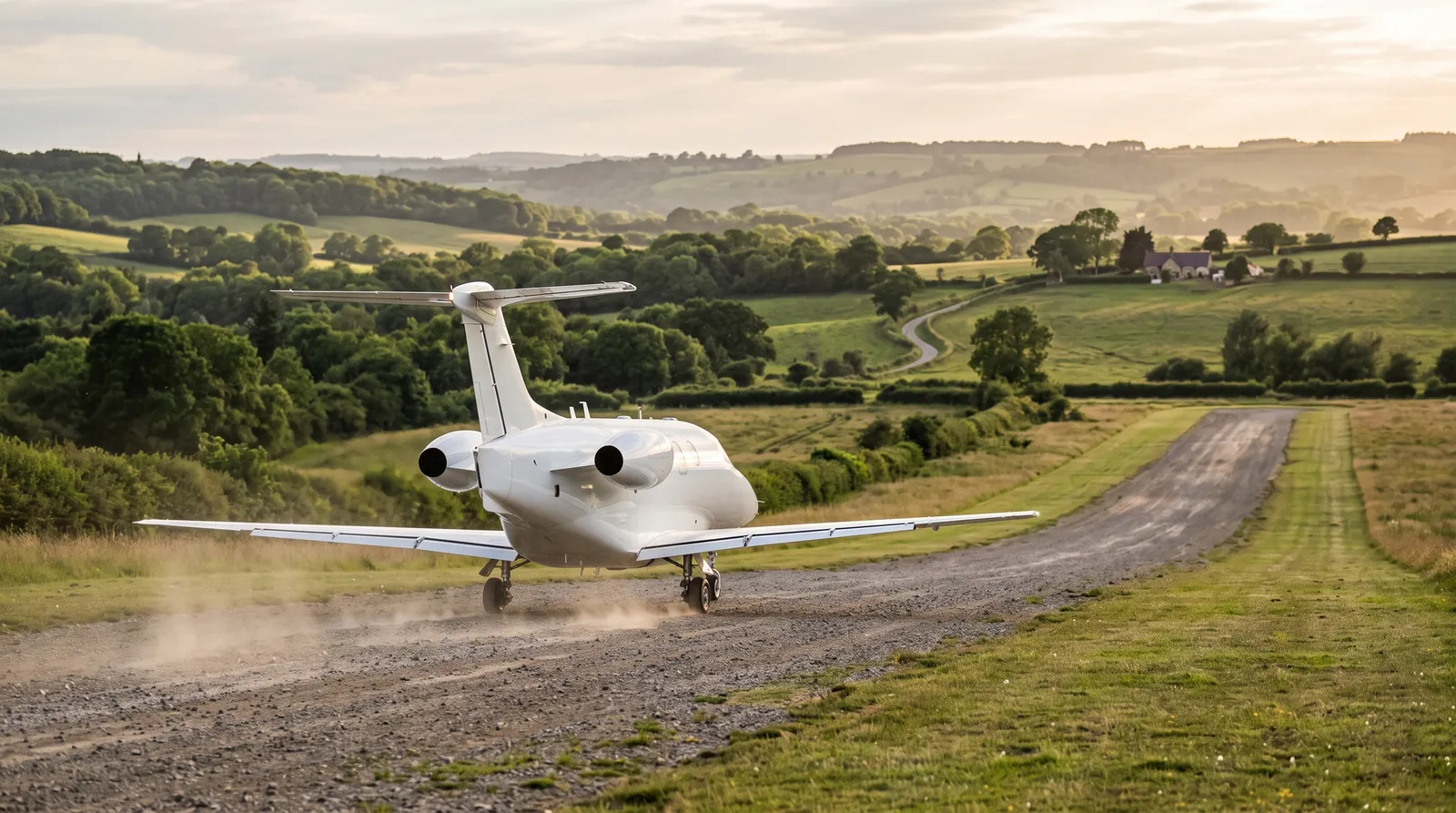 Kompakter Business Jet landet in der Abenddämmerung auf einer Schotter- und Graspiste in offener Landschaft.