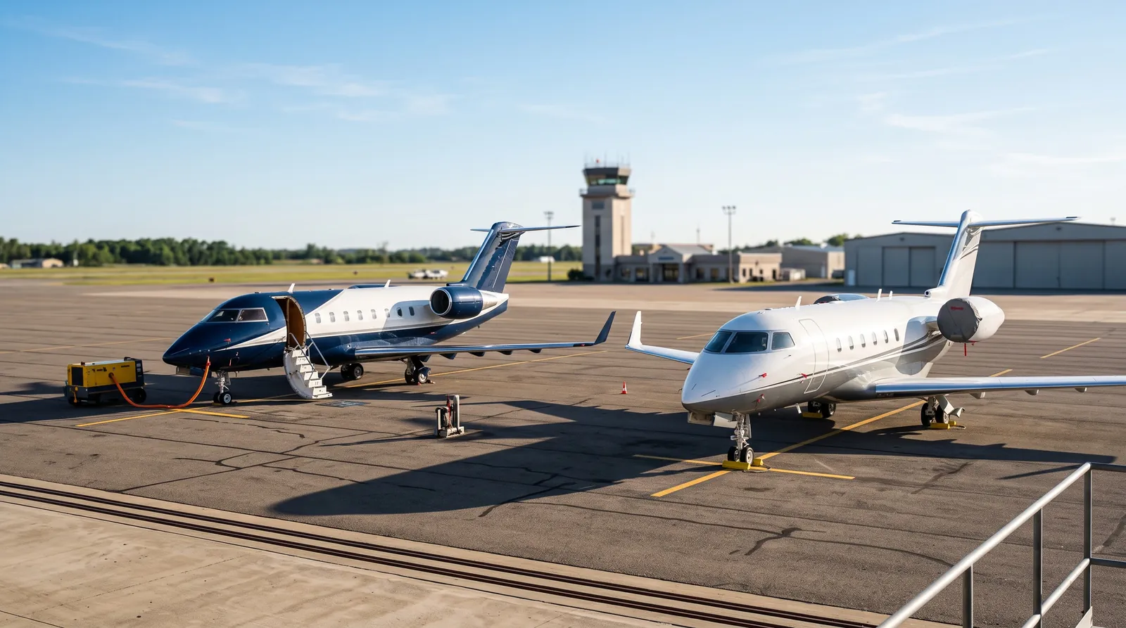 Zwei Business Jets nebeneinander auf einem sonnigen Vorfeld, dahinter ein Kontrollturm