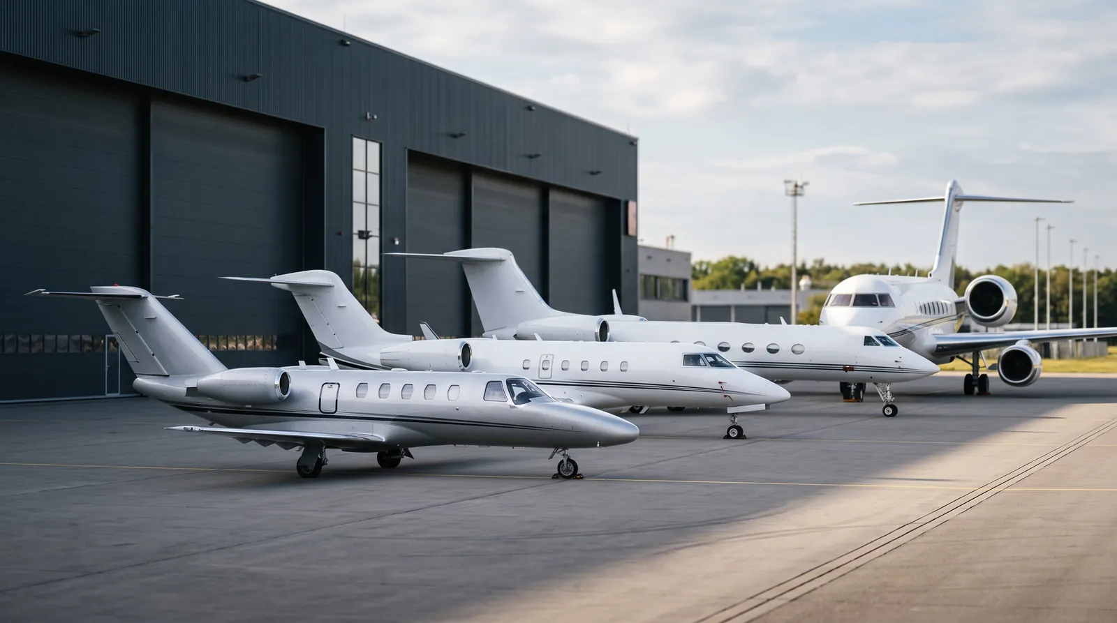 Business Jets zunehmender Größe stehen im Morgenlicht in einer Reihe auf dem Vorfeld eines Flughafens.
