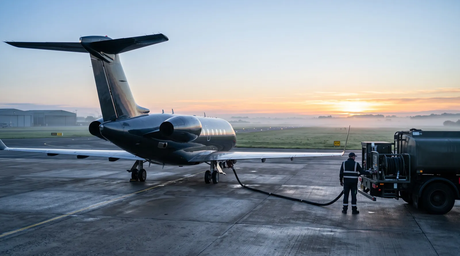 Ein Business Jet wird in der Morgendämmerung auf einem nebligen Vorfeld aus einem Tankwagen betankt.