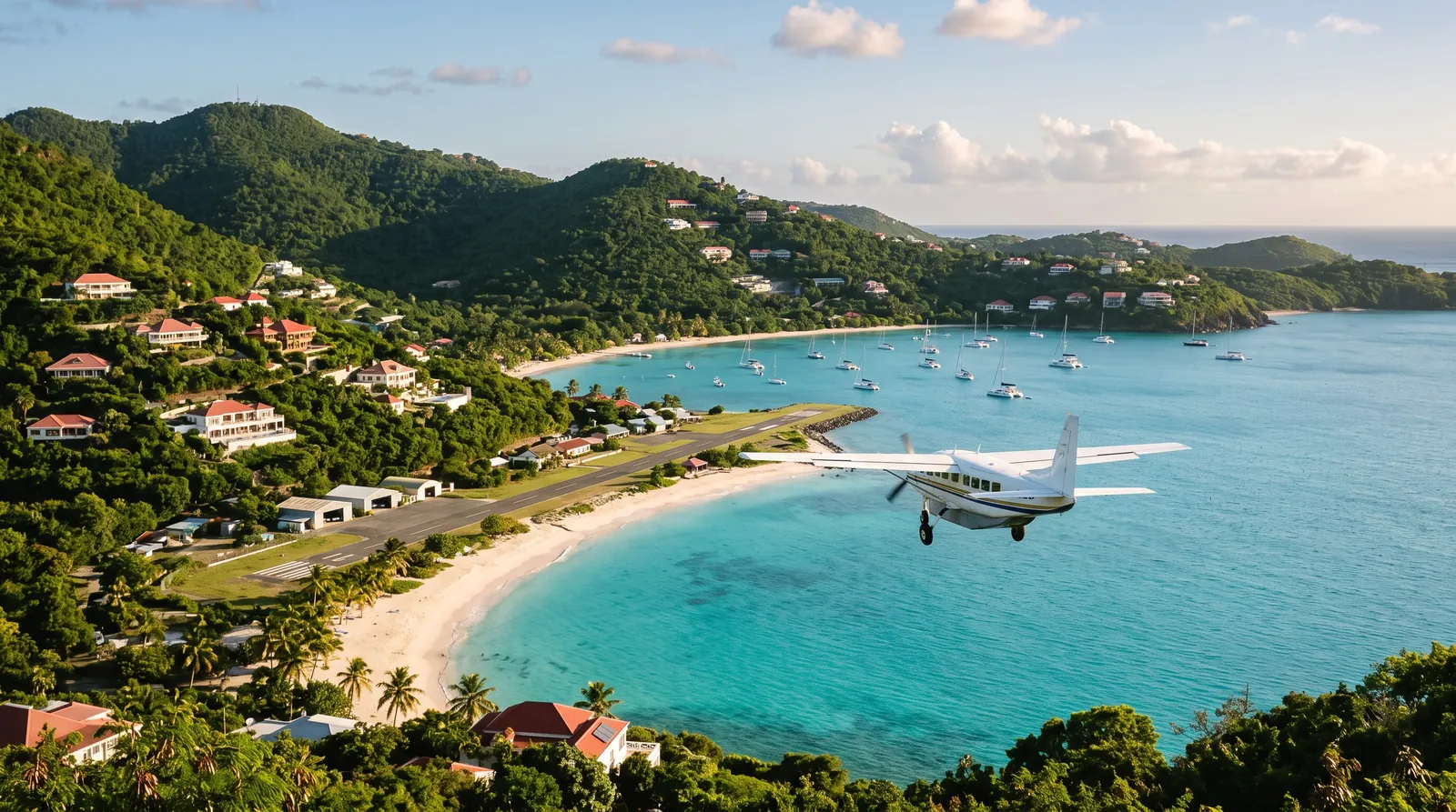 Turboprop im Anflug auf eine kurze Inselpiste neben einem Strand, mit grünen Hügeln und ankernden Yachten