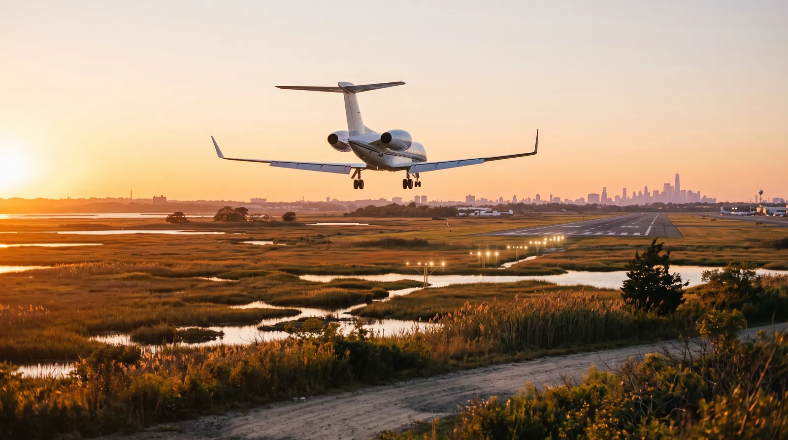 Business Jet im Endanflug über Feuchtgebieten in New Jersey, dahinter die Skyline von Manhattan