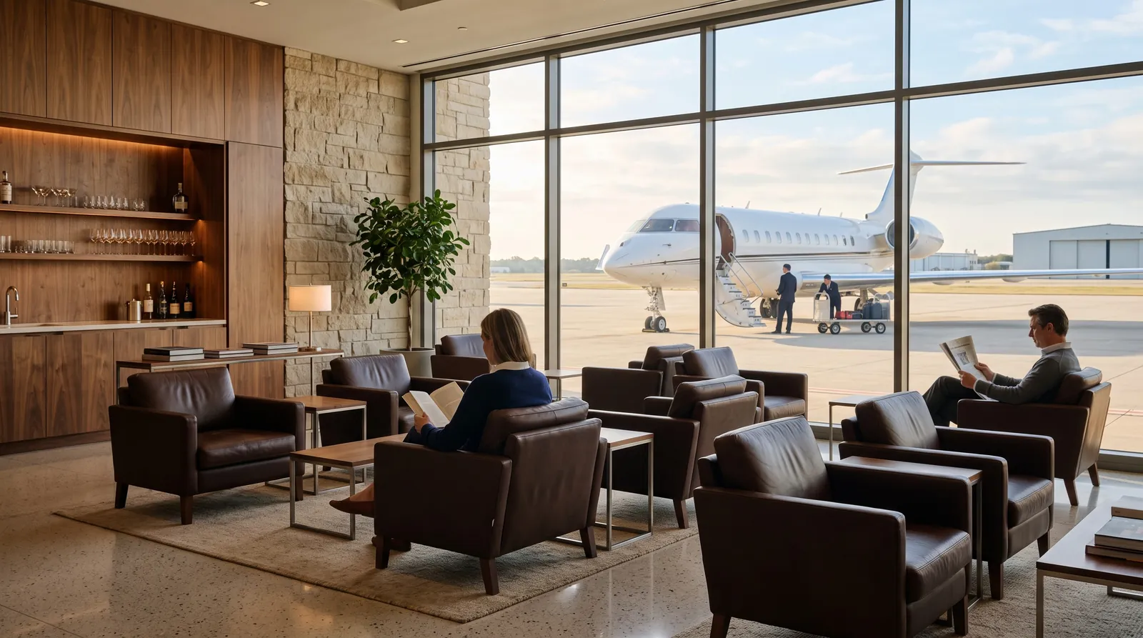 Eine ruhige Lounge eines privaten Terminals, draußen wartet ein Jet