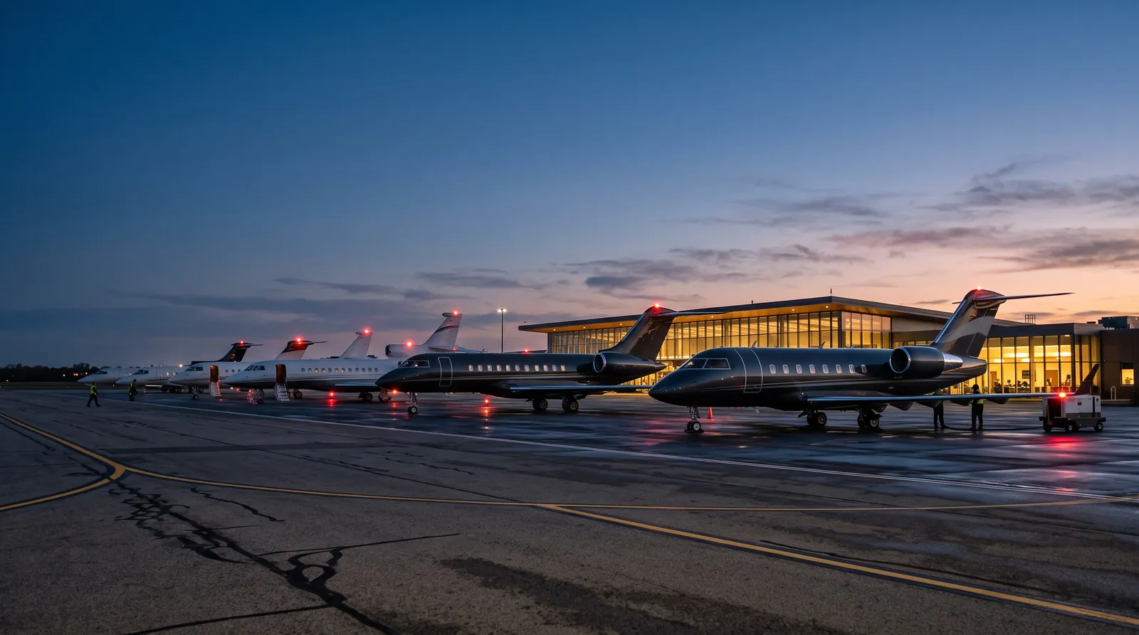 Privatjets in einer Reihe auf einem Business-Aviation-Vorfeld in der Dämmerung