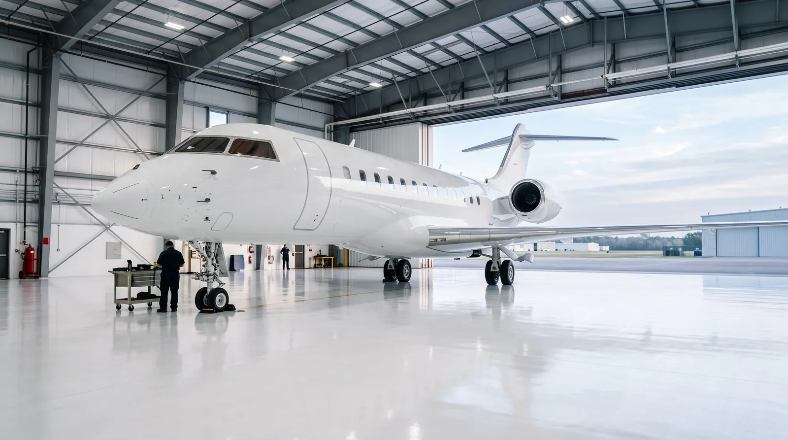 Ein Langstrecken-Businessjet in einem hellen Hangar mit offenen Toren