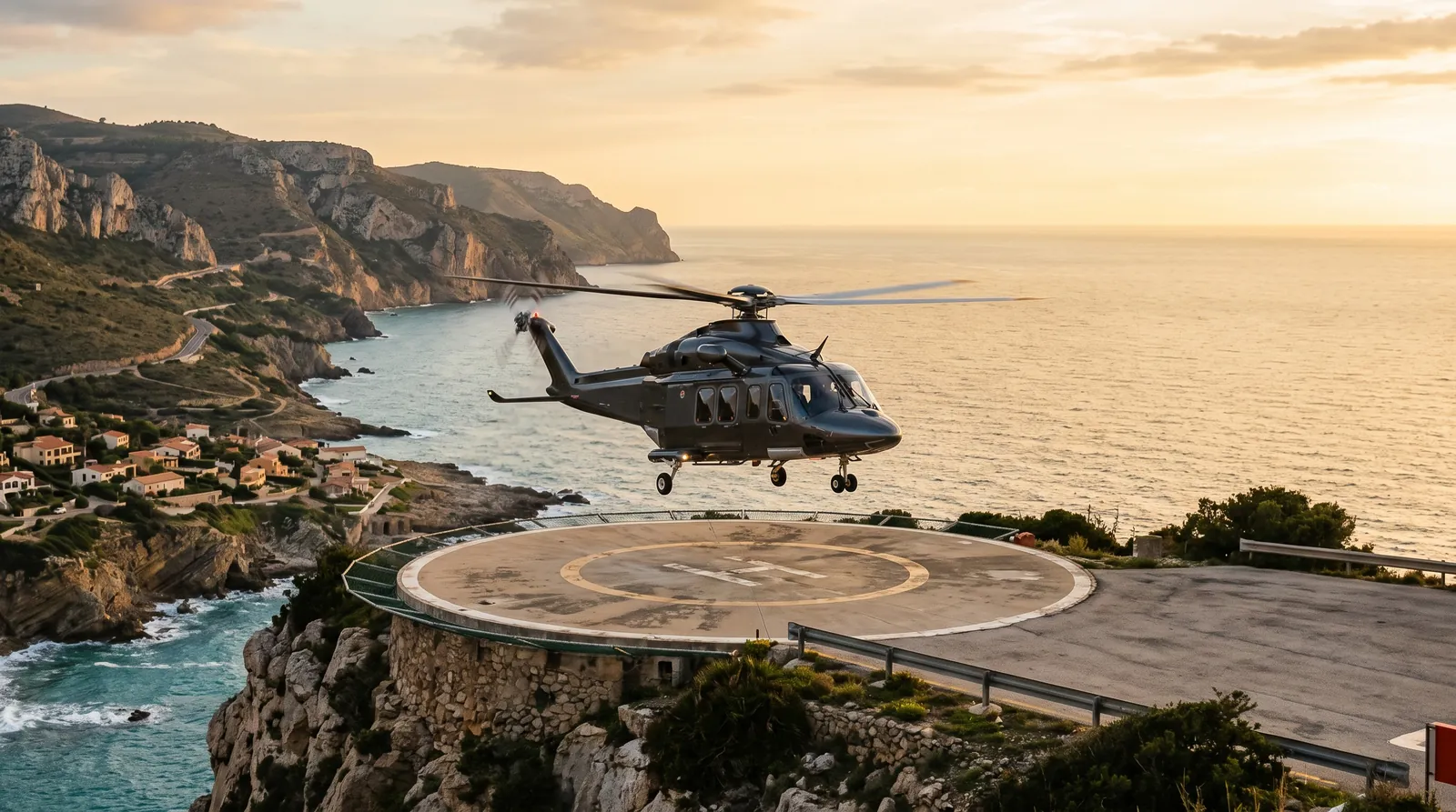 Ein zweimotoriger Hubschrauber landet zur goldenen Stunde auf einem Landeplatz über dem Meer