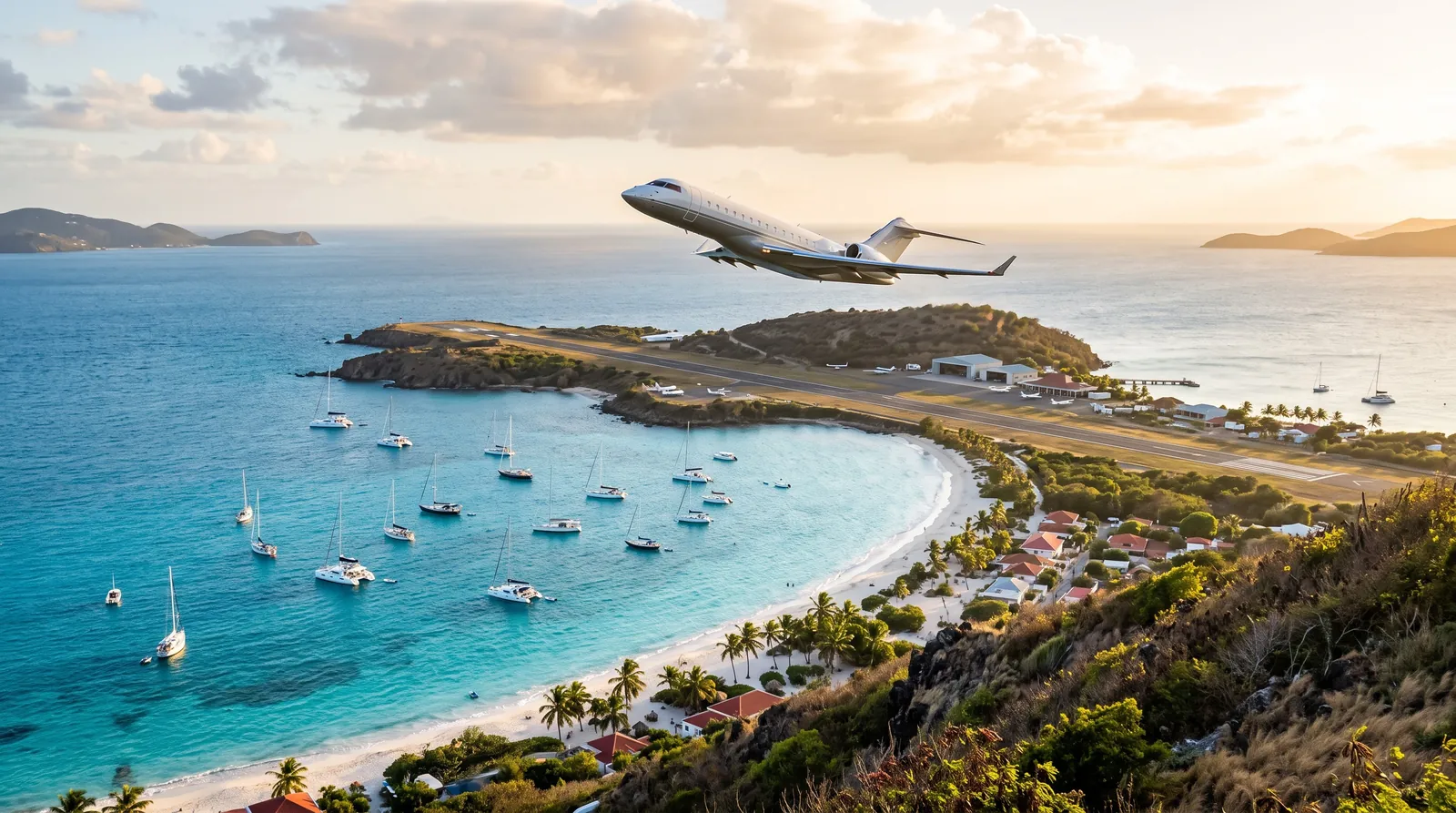 Ein Businessjet steigt von einem Inselflughafen über türkisem Wasser auf