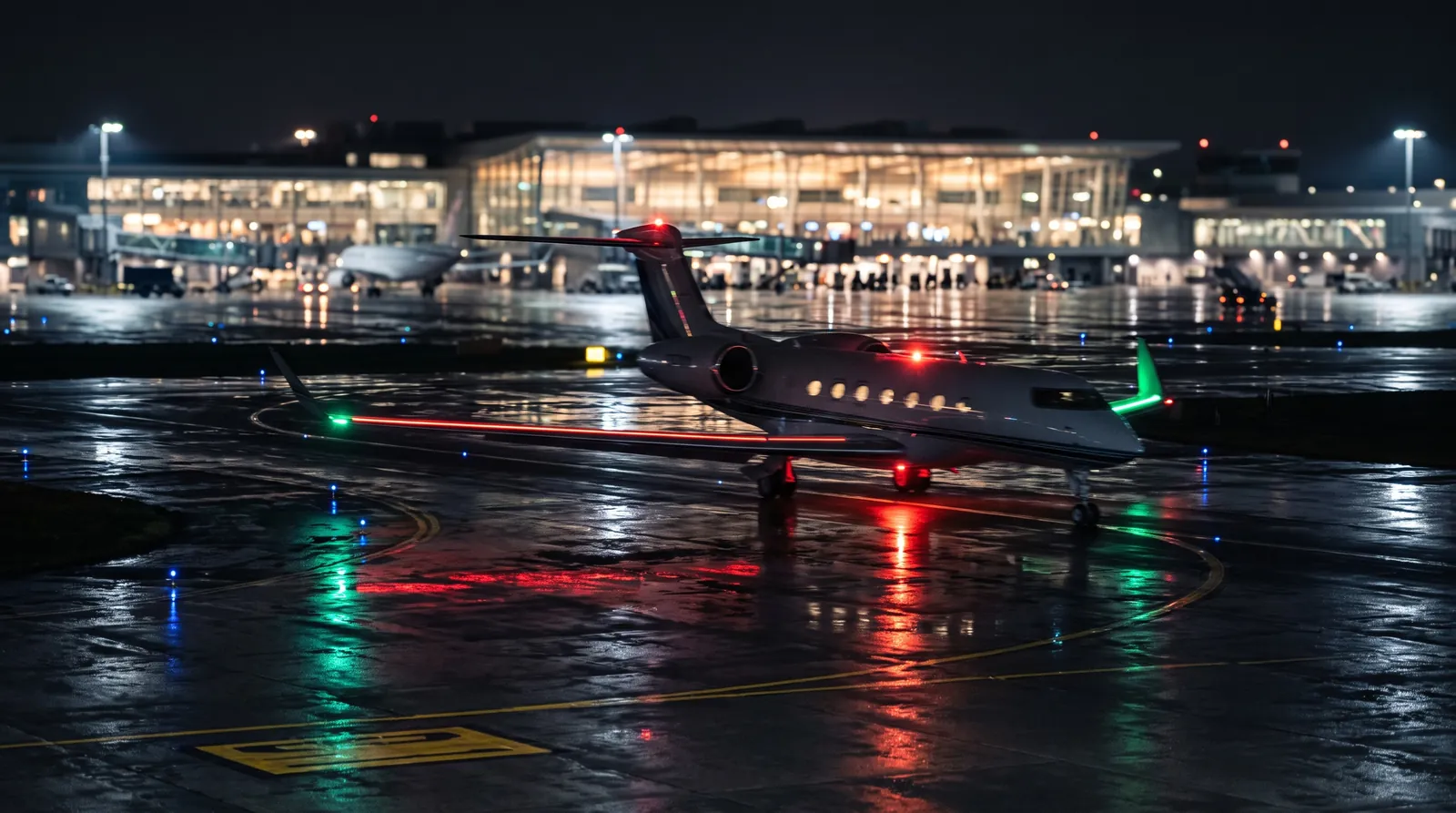 Ein Privatjet rollt nachts über ein nasses Vorfeld, Lichtspuren spiegeln sich